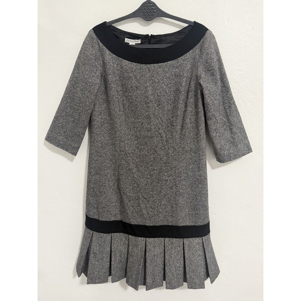Pendleton Wool Silk Blend Drop Waist Pleated Dress Grey Black Size 12 USA Made